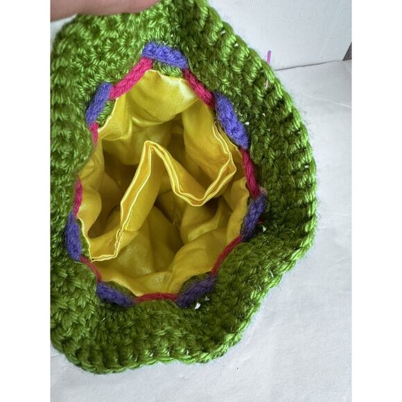 Vintage Handmade Crochet Purse Drawstring With Lining Round Pouch Flower Design - Picture 11 of 16
